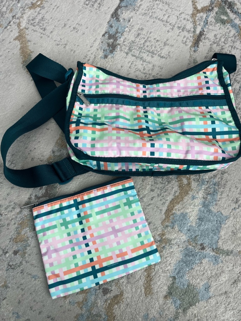 LESPORTSAC Colorful Plaid Crossbody Bag with Matching Pouch